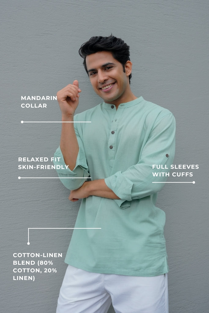 Mint Green Airy Linen Short Kurtas for Men – The Trouser Lab