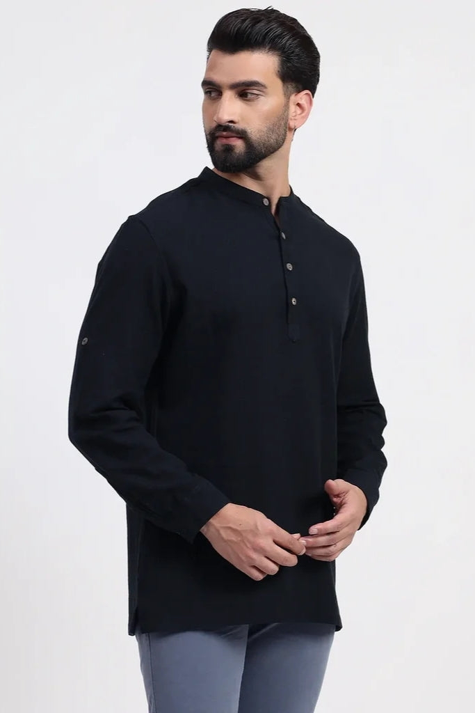 Black Airy Linen Short Kurtas for Men