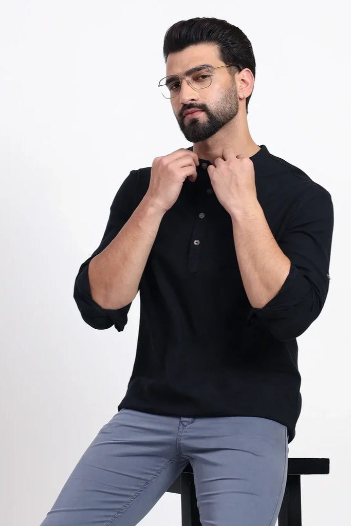 Black Airy Linen Short Kurtas for Men