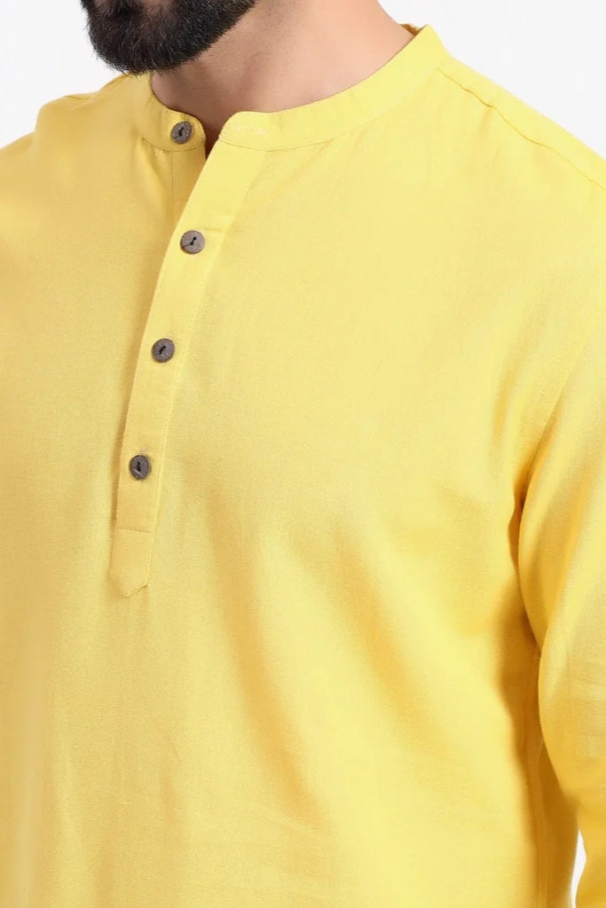 Yellow Airy Linen Short Kurtas for Men