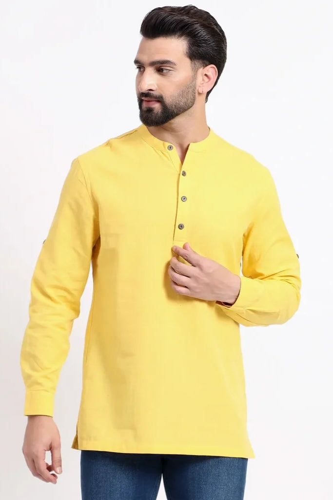 Yellow Airy Linen Short Kurtas for Men
