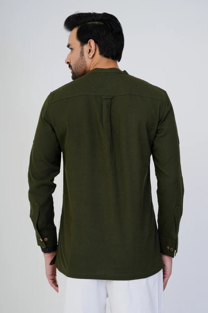 Olive Airy Linen Short Kurtas for Men