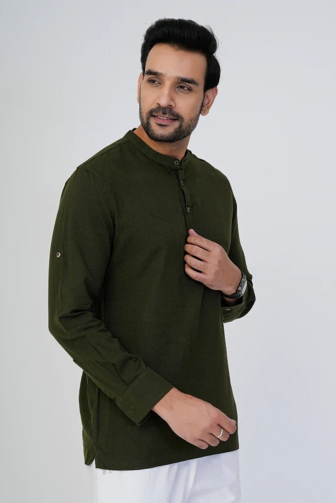 Olive Airy Linen Short Kurtas for Men