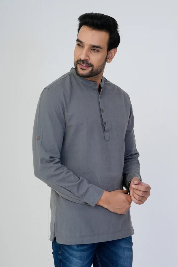 Grey Airy Linen Short Kurtas for Men