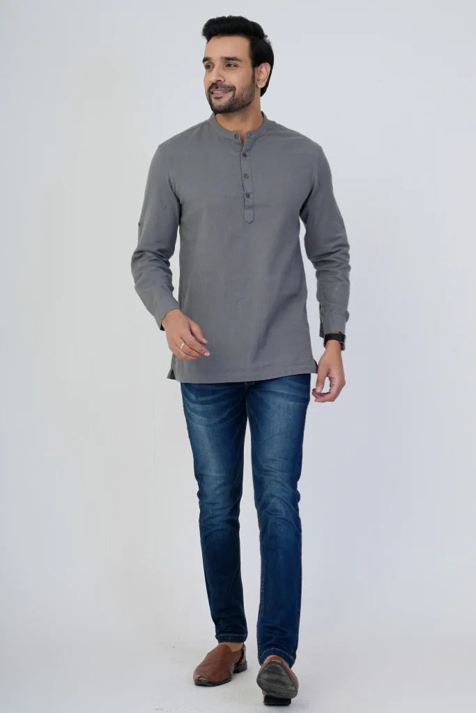Grey Airy Linen Short Kurtas for Men