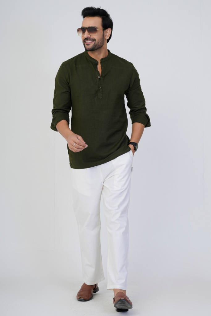 Olive Airy Linen Short Kurtas for Men