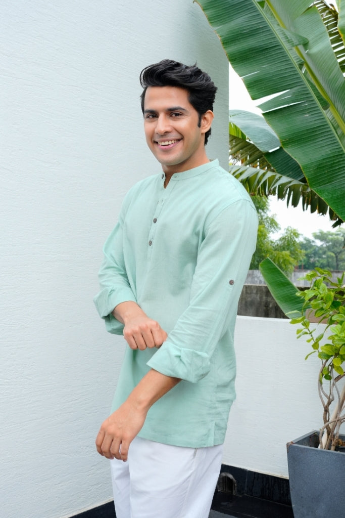 Mint Green Airy Linen Short Kurtas for Men