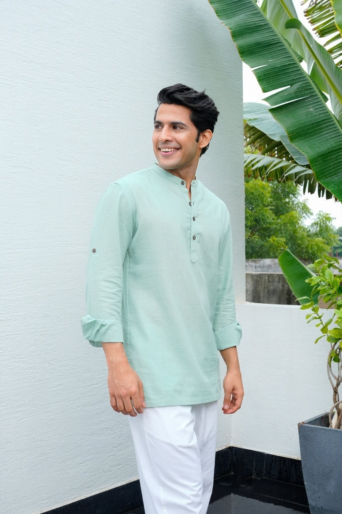 Mint Green Airy Linen Short Kurtas for Men