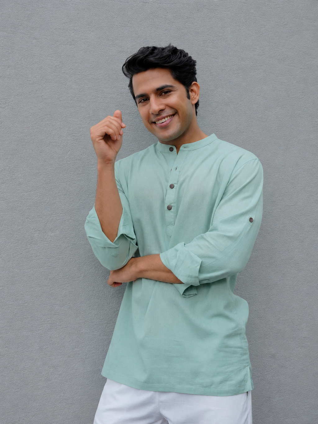 Mint Green Airy Linen Short Kurtas for Men